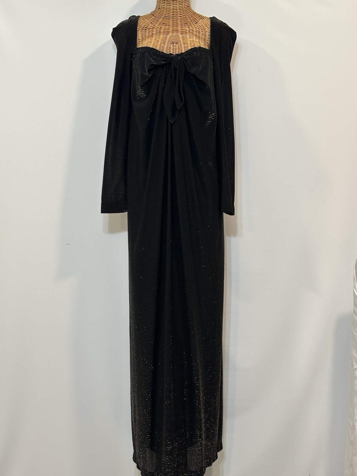 Vtg 70s A J Bari Evening Gown Maxi Dress Black Silver Metallic Empire Waist