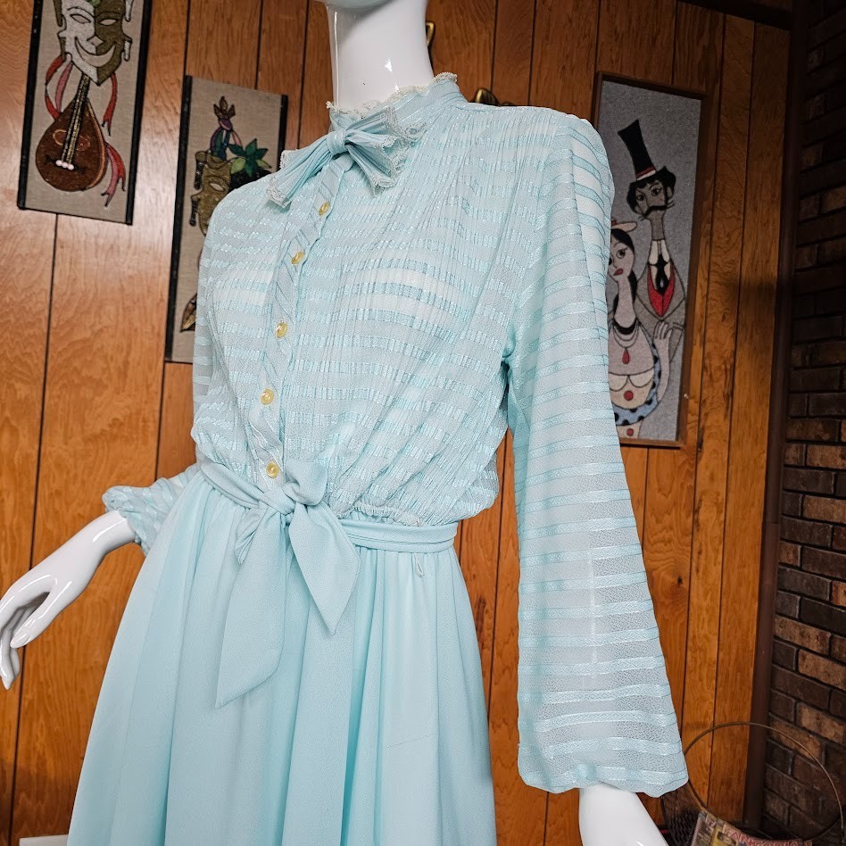 Vtg 70s Volup Secretary Cotton Candy Blue Bow Blouson Balloon Sleeve Dress L/XL