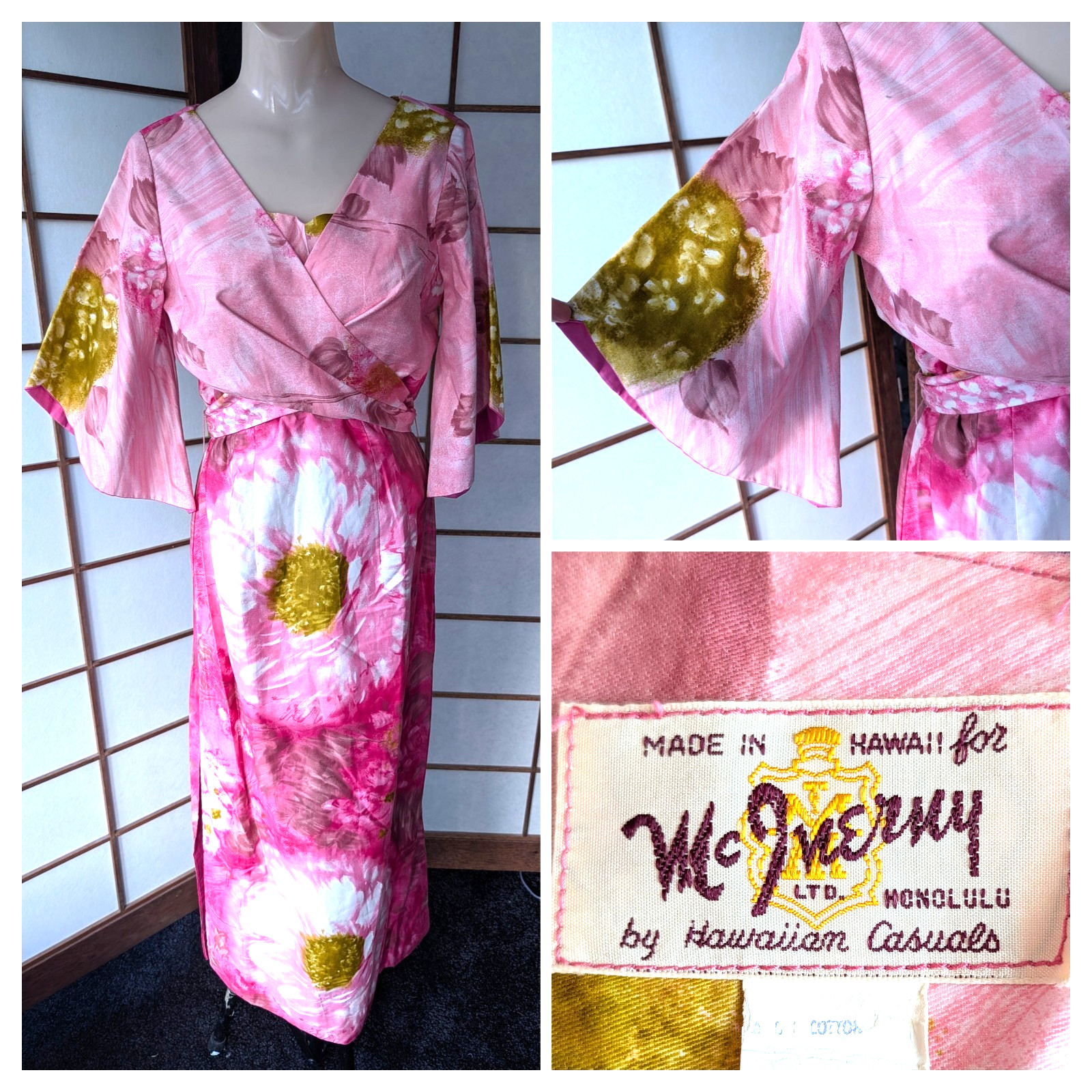 Vintage McInerny Honolulu by Hawaiian Casuals Maxi Dress Wrap Bodice Pink 1960s