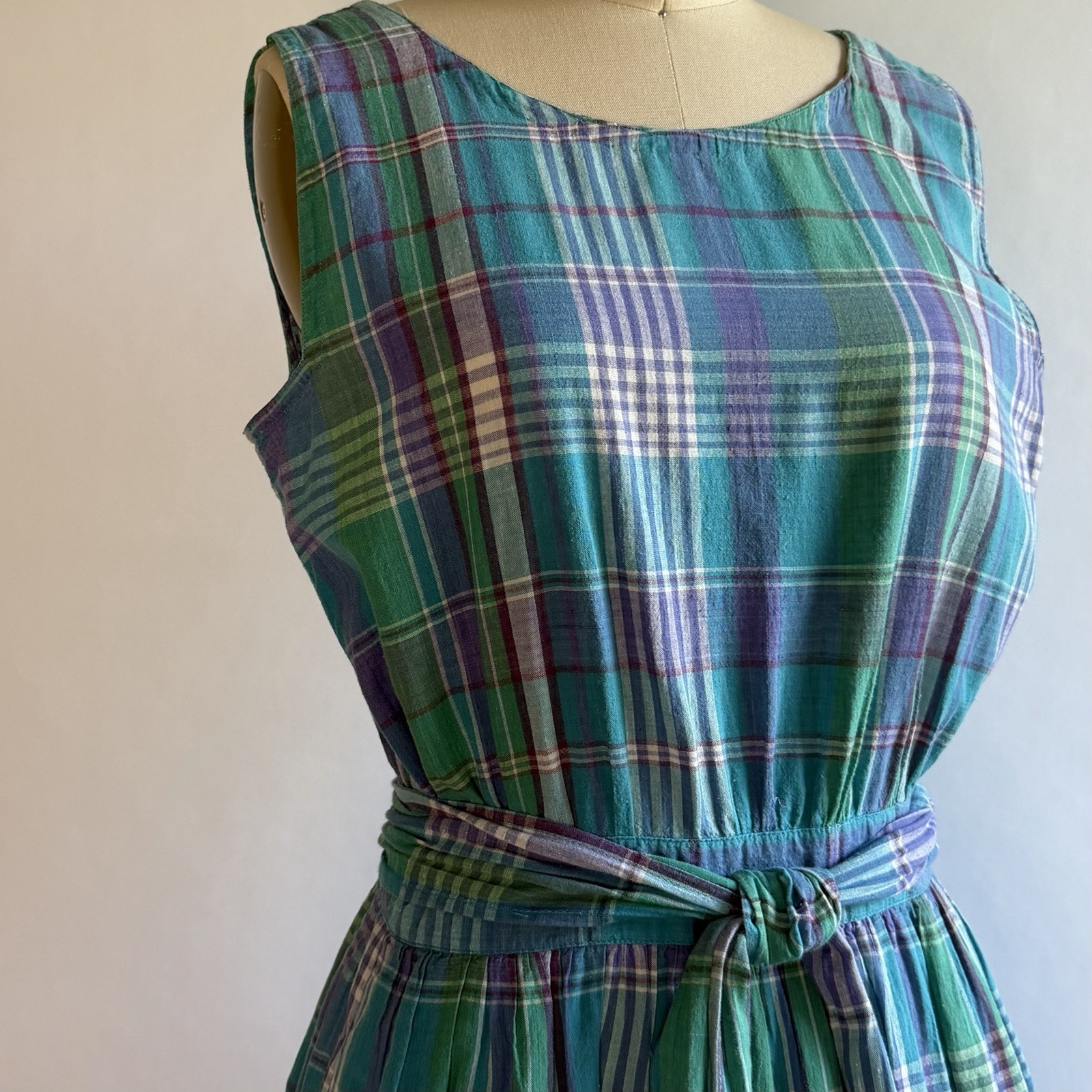 Vintage Cotton Madras Plaid Wrap Dress by Britches Crossover V Back Size 4/6