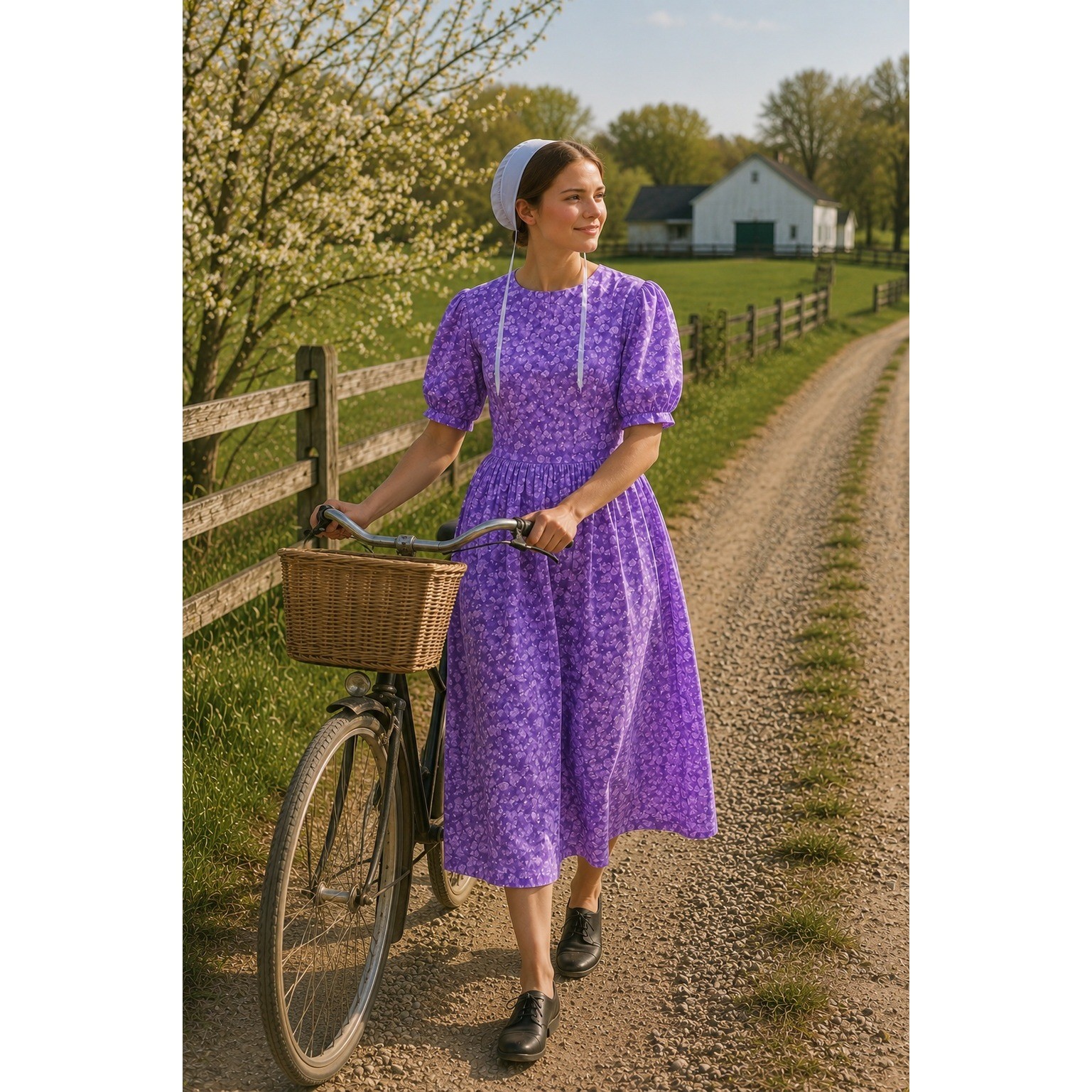 Handmade Butterfly Print Maxi Dress Women Size M Purple Puffed Sleeve Vintage