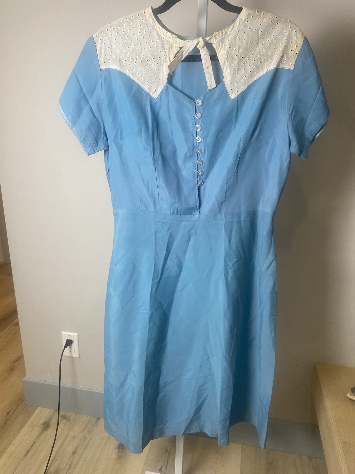 VTG 40’s Blue Dress With Islet Collar Button Front Handmade Waist-32