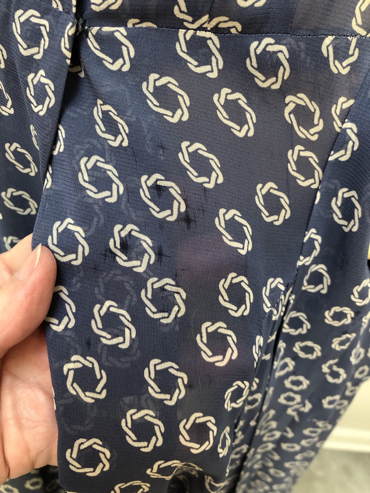VTG 1940s Sheer RAYON Novelty CHAIN PRINT Wedgwood Blue SURPLICE WRAP DRESS