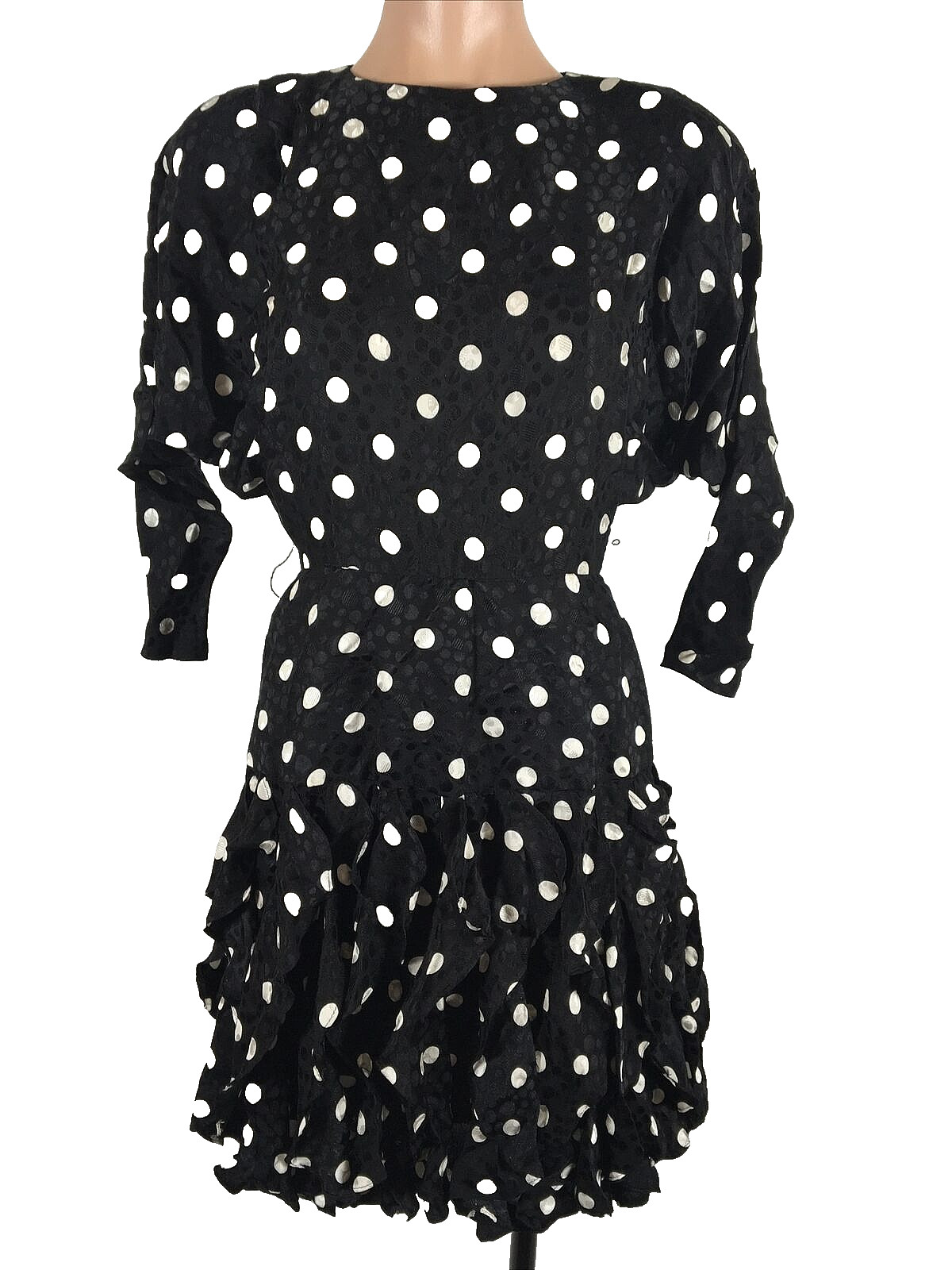 Vtg 80s Gillian Ruffle Blouson Dress Polka Dot Silk Drop Waist Cocktail sz 2