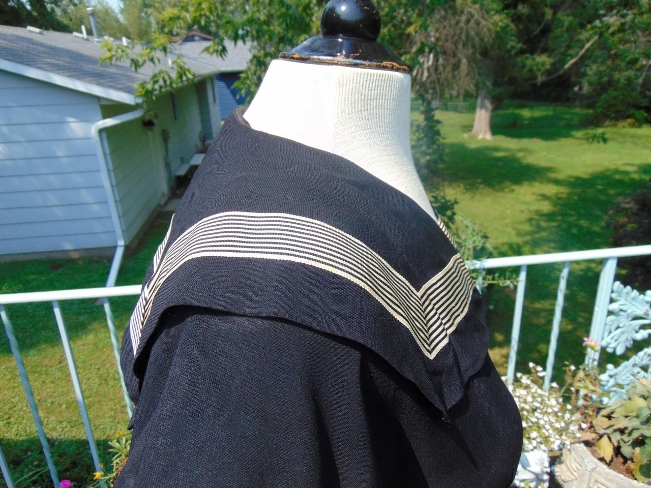VTG 40s Black Rayon Fitted Dress w Sailor Collar 36W